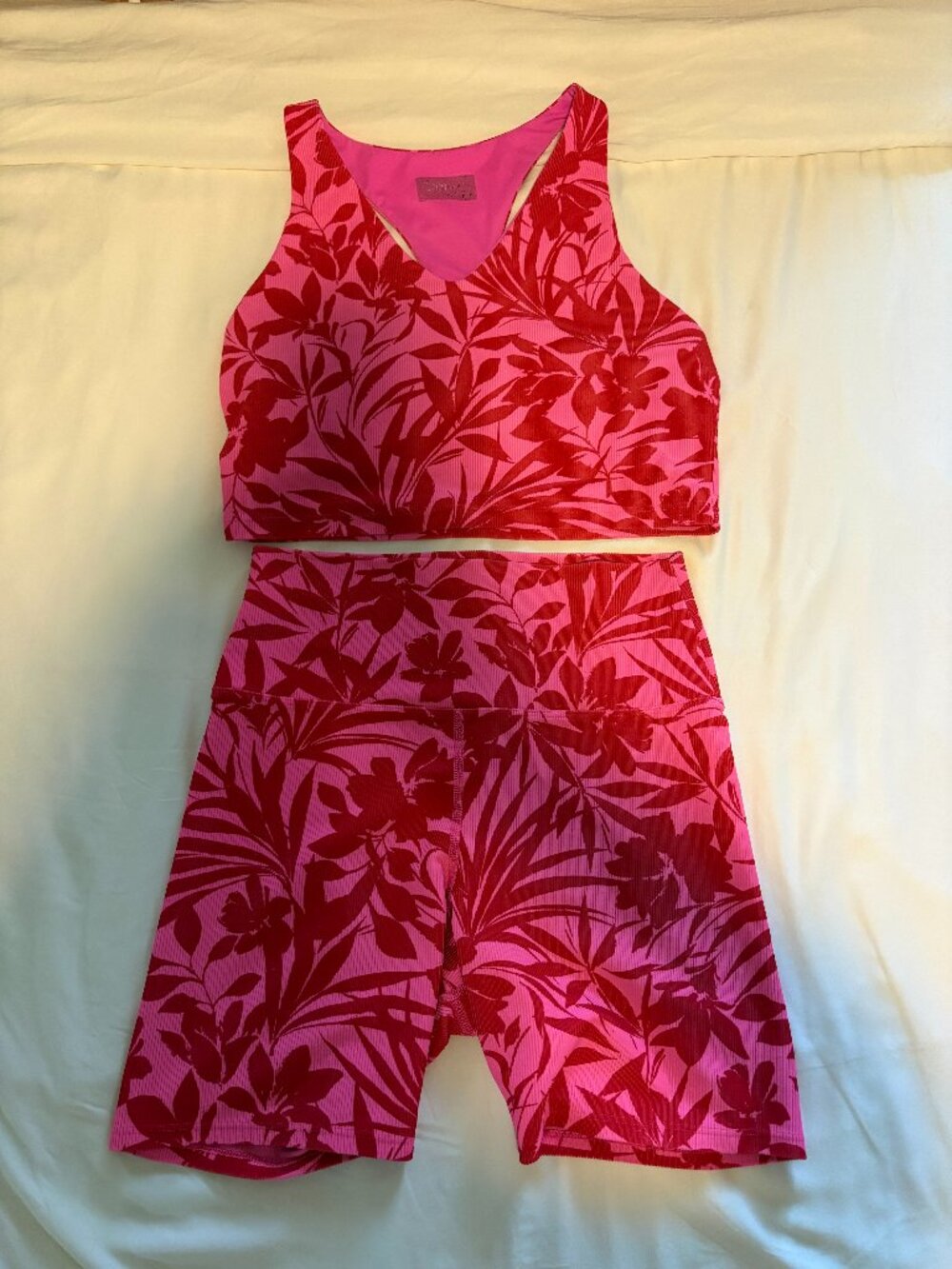 Beach Riot Pink Tropical Floral Activewear Set Sports Bra & Biker Shorts Size La